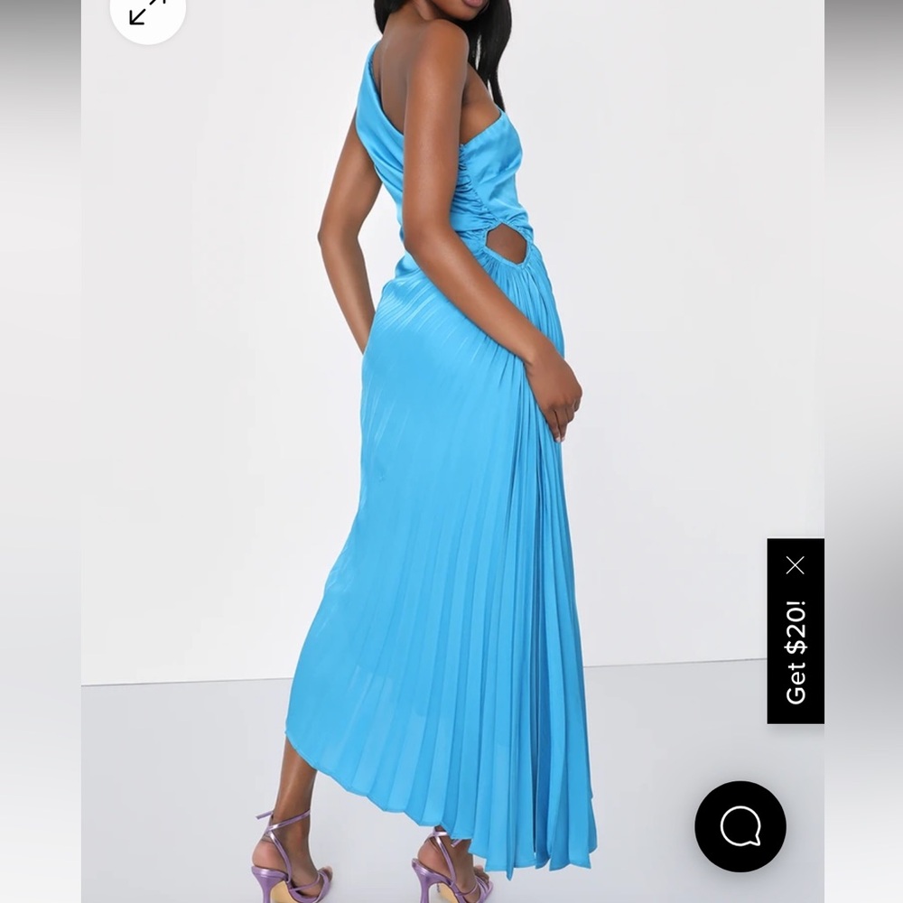 Teal blue satin pleated one shoulder midi dress from Lulus